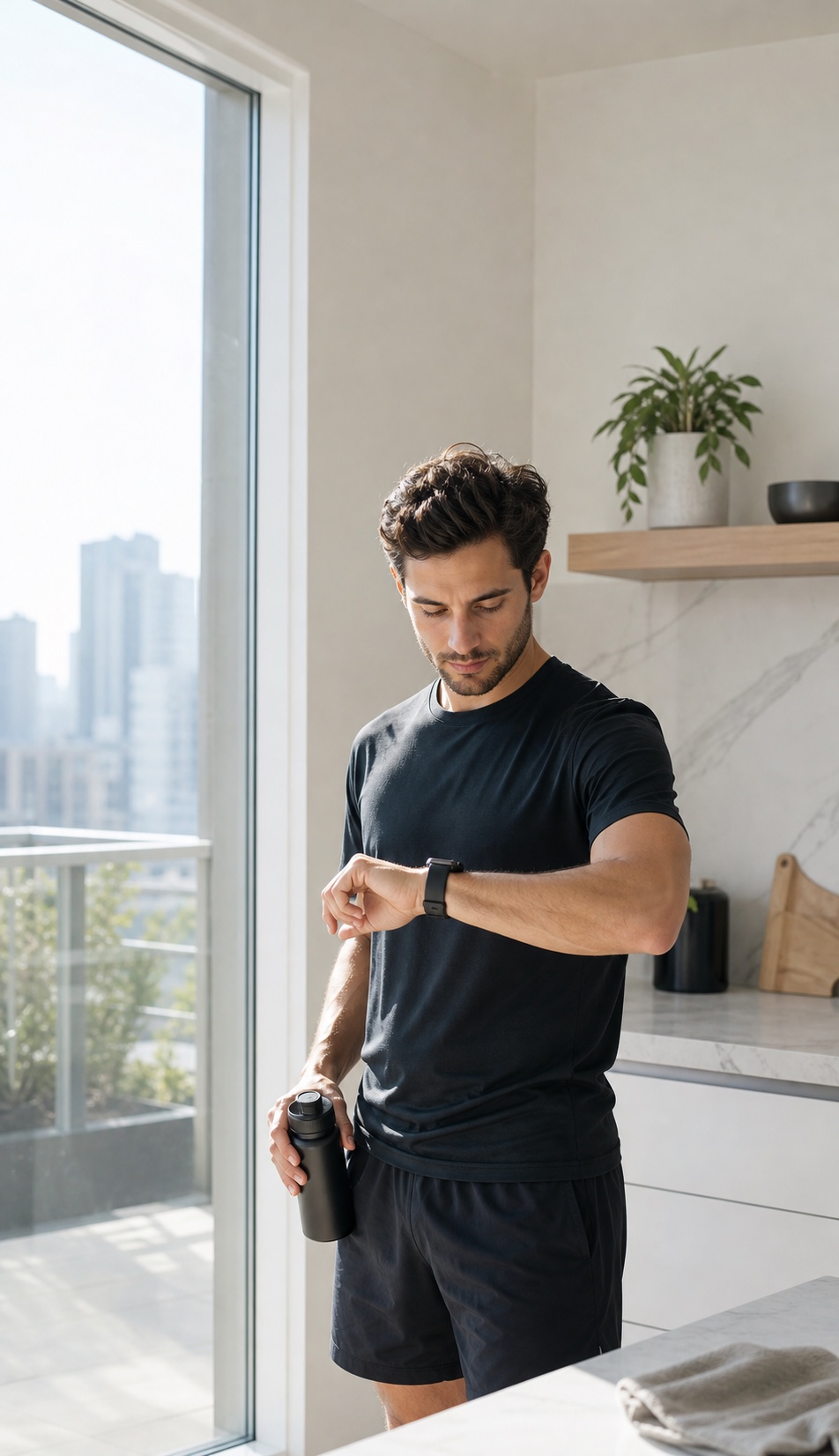 Person in athleisure checking a smartwatch in a bright modern kitchen