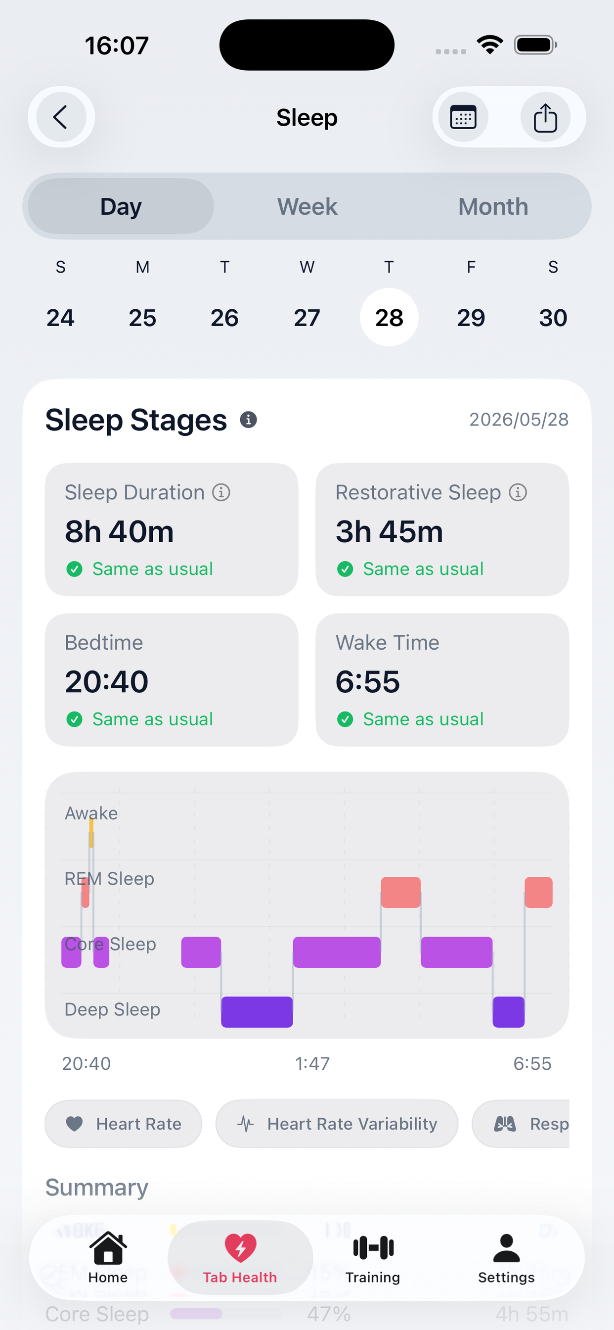 Yuelu.plus iPhone sleep screen showing sleep stages, duration, restorative sleep, bedtime, and wake time