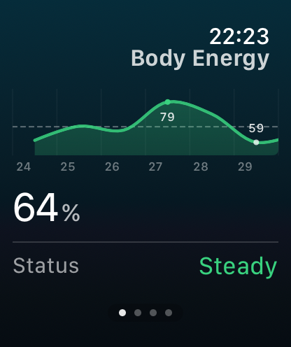 Yuelu.plus Apple Watch screen showing body energy percentage and steady status